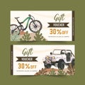 Camping voucher design with bicycle, car, forest watercolor illustration