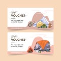 Camping voucher design with bicycle, tent, boot, backpack watercolor illustration