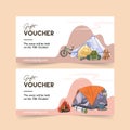 Camping voucher design with bicycle, tent, boot, backpack watercolor illustration Royalty Free Stock Photo