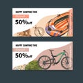 Camping voucher design with boat, compass, backpack, bicycle watercolor illustration