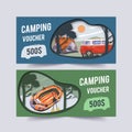 Camping voucher design with boat, van, car, tent, tree watercolor illustration