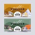 Camping voucher design with camp pot, tent, stove, food watercolor illustration