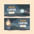 Camping voucher design with flashlight, lantern watercolor illustration