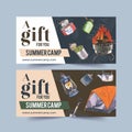 Camping voucher design with food, campfire, shovel, tent watercolor illustration