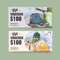 Camping voucher design with hiking boots, flashlight, mountain watercolor illustration