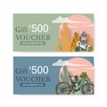 Camping voucher design with mat, lantern, bicycle watercolor illustration
