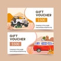Camping voucher design with rod, car, tent, bucket hat watercolor illustration