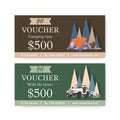 Camping voucher design with tent, grill stove, car watercolor illustration