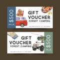 Camping voucher design with van, backpack, boat watercolor isolated illustration