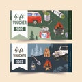 Camping voucher design with van, food, backpack, shovel watercolor illustration