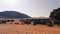 Camping in the Wadi Rum desert. Bedouin and tourist camp in the middle of the red desert in Jordan. Resting spot in the desert. Royalty Free Stock Photo