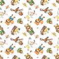 Camping watercolor seamless pattern with animals, fox, hedgehog, beaver, bear, rabbit on white background