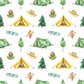 Camping watercolor seamless pattern with tent, fir tree, backpack, pointer, rug on white background