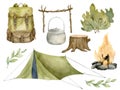 Camping watercolor set. Hand drawn illustration of hiking tent and campfire on white isolated background. Drawing of