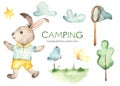 Camping watercolor set with rabbit, butterfly net, butterflies, tree, clouds Royalty Free Stock Photo