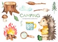 Camping watercolor set with sitting hedgehog, mug, marmallow on stick, bonfire, tree stump, magnifying glass