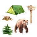 Camping watercolor set - tent, signpost, stump, bear, spruce