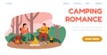 Camping website banner with couple resting at campsite flat vector illustration.