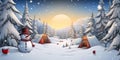 Camping in Winter forest. Snowman Snow camping. Christmas banner background. Royalty Free Stock Photo