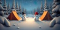 Camping in Winter forest. Snowman Snow camping. Christmas banner background Royalty Free Stock Photo