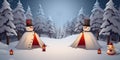 Camping in Winter forest. Snowman Snow camping. Christmas banner background. Royalty Free Stock Photo