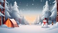 Camping in Winter forest. Snowman Snow camping. Travel Christmas banner background. Generative AI Royalty Free Stock Photo