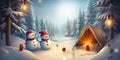 Camping in Winter forest. Snowman Snow camping. Christmas banner background Royalty Free Stock Photo