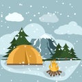 Camping winter hiking adventure tourist landscape with tent mountains nature hike flat design vector illustration. Royalty Free Stock Photo