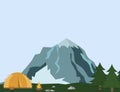 Camping winter hiking adventure tourist landscape with tent mountains nature hike flat design vector illustration.