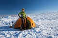 Camping during winter hiking in Carpathian mountains Royalty Free Stock Photo