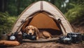 camping in the woods newborn puppy and a dachshund asleep in a miniature tent, with camping gear and camera