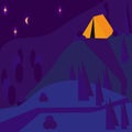 Camping in woods. Overnight in tent. Mountains, trees, stars, moon. Summer outdoor vacation. Vector illustration in flat style Royalty Free Stock Photo