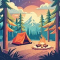 Camping in the woods. Vector illustration of a campfire in the forest Royalty Free Stock Photo