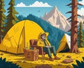 Camping with yellow tent. Generative Ai