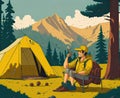 Camping with yellow tent. Generative Ai