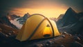 Camping yellow tent on the mountain during sunrise at Dolomites Alps, South Tyrol, Italy, Europe, generative ai