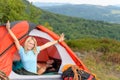 Camping young couple sunset tent climbing gear