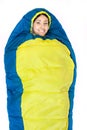 Camping young woman in sleeping bag