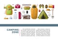 Camping zone promotional poster with hiking equipment set
