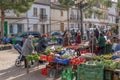 General view of the weekly street market in the Majorcan town of Campos