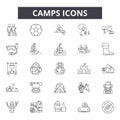 Camps line icons for web and mobile design. Editable stroke signs. Camps outline concept illustrations