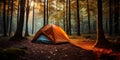 Campsite in Autumn Woods. Camping Tent Under Soft Forest Light. Calmness in Nature. Generative AI