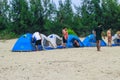 Campsite on beach. Tents on sea beach with sky and green background. Tent on the beach, Bay area day trip activities.