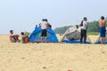 Campsite on beach. Tents on sea beach with sky and green background. Tent on the beach, Bay area day trip activities.