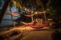 campsite with beach views, hammocks, and lanterns