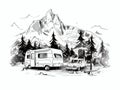 Campsite with camper caravan tent rocky mountains in hand-drawn style