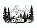 Campsite with camper caravan tent rocky mountains in hand-drawn style Royalty Free Stock Photo