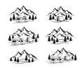 Campsite with camper caravan, tent, rocky mountains, pine forest labels, emblems, badges elements Set Royalty Free Stock Photo