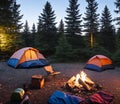 Set up a cozy camping scene with a tent pitched under the starry night sky, illuminated by a warm campfire Royalty Free Stock Photo
