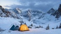 Campsite on the edge of a snowy cliff, with a breathtaking view of mountain ranges and a gentle snowfall.